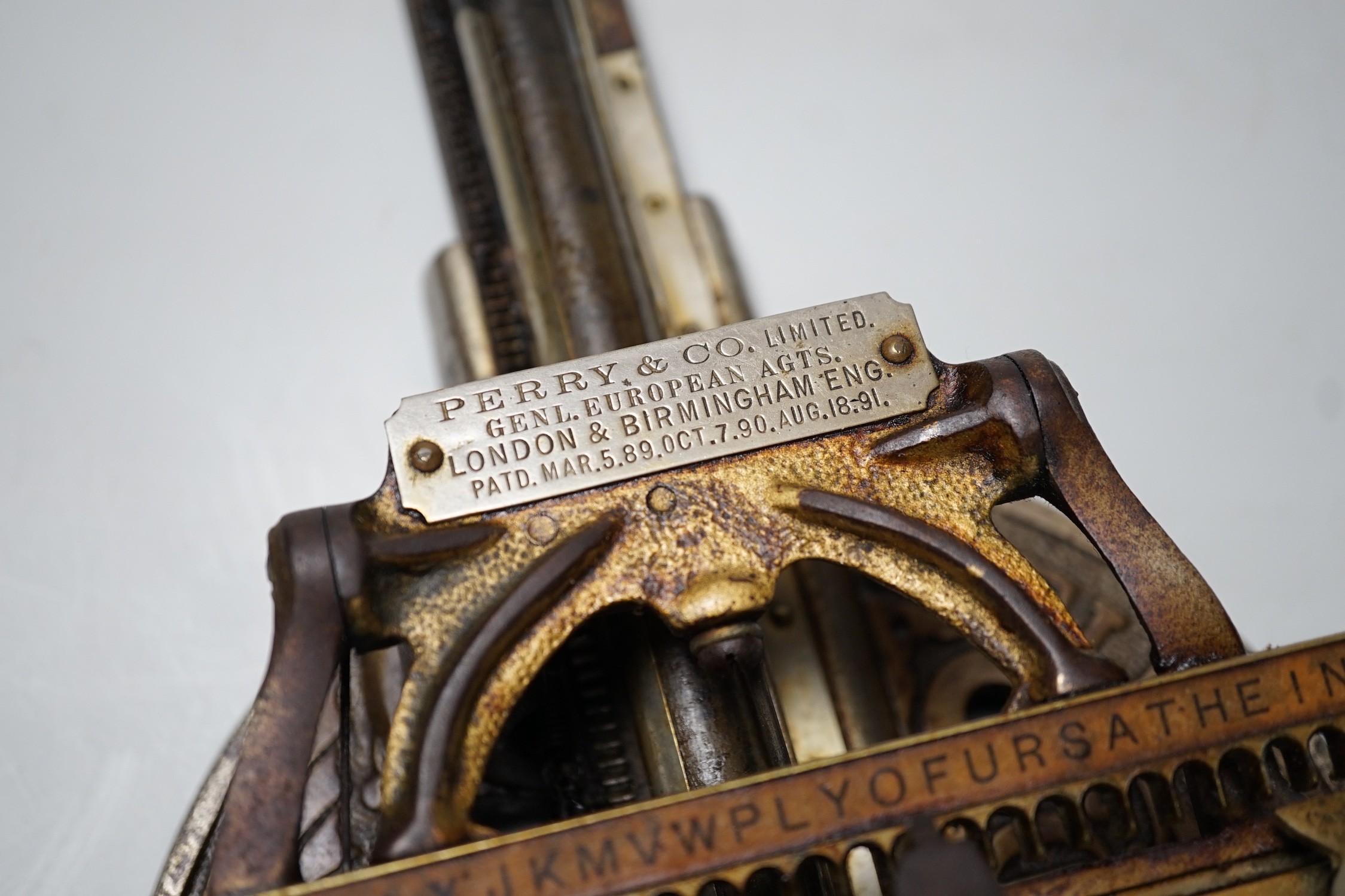 A late 19th century Odell Index typewriter, retailed by Perry & Co.